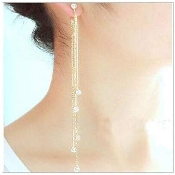 Women's Linear Long Tassels Diamante Rhinestone Dangle Party Eardrop Earrings - Picture 5 of 7